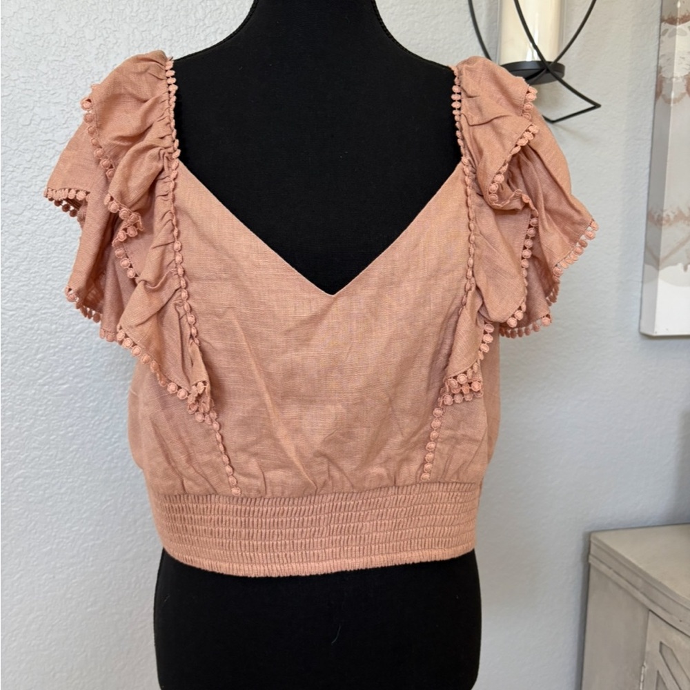 Express-Dark Peach Flutter Sleeve Cutout Tieback Boho Linen Crop Top size L, NWT